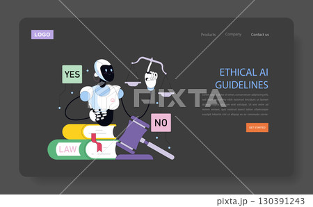Vector illustration of a robot balancing a scale with law books and ethical signs. The robot's neutral expression suggests a focus on decision-making in artificial intelligence. Vector illustration of a robot balancing a scale with law books and ethical signs. The robot's neutral expression suggests a focus on decision-making in artificial intelligence. 130391243