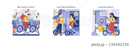 Vector illustration set depicting bike and scooter couriers delivering food orders. Scenes show bike courier in a hurry, a late-night delivery, and a contactless food drop-off. 130391258