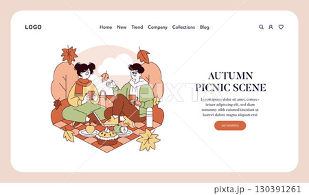 Vector illustration shows two people enjoying an autumn picnic on a blanket, surrounded by falling leaves and warm colors. They are drinking hot beverages, sharing food, and laughing together. Vector illustration shows two people enjoying an autumn picnic on a blanket, surrounded by falling leaves and warm colors. They are drinking hot beverages, sharing food, and laughing together. 130391261