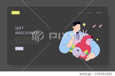 Vector illustration depicting a person embracing the concept of soft masculinity. The character holds a symbolic heart surrounded by flowers, conveying warmth and acceptance. 130391262