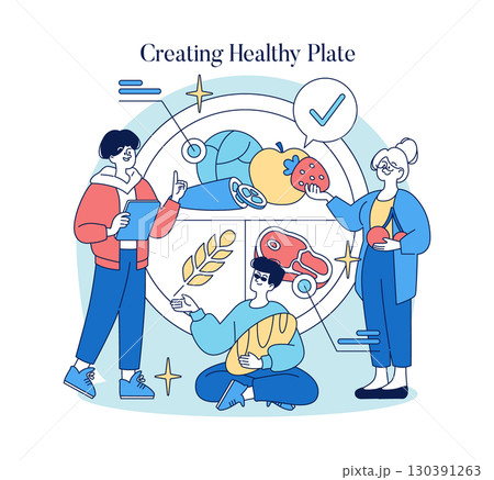 Vector illustration showing three people discussing healthy food choices, including fruits, vegetables, grains, and proteins. Emphasizes teamwork in nutrition planning. 130391263