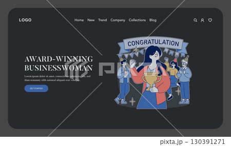 Vector illustration of a businesswoman holding a trophy, surrounded by applauding colleagues with a congratulatory banner. Celebrates achievement and teamwork in a professional setting. Vector illustration of a businesswoman holding a trophy, surrounded by applauding colleagues with a congratulatory banner. Celebrates achievement and teamwork in a professional setting. 130391271