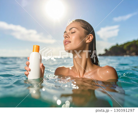 AI generated low angle ocean view with dead coral woman playing in sea sunscreen bottle bright sky 130391297