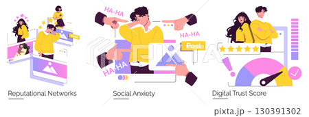 Vector illustration depicting social anxiety in online reputational networks. Features include a distressed individual surrounded by laughter and pointing fingers, symbolizing digital pressure and Vector illustration depicting social anxiety in online reputational networks. Features include a distressed individual surrounded by laughter and pointing fingers, symbolizing digital pressure and 130391302
