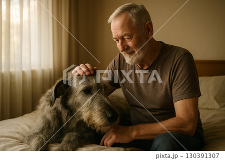 AI generated warm lifestyle scene of senior man sitting on bed gently petting Irish Wolfhound with natural window light creating peaceful and intimate atmosphere 130391307