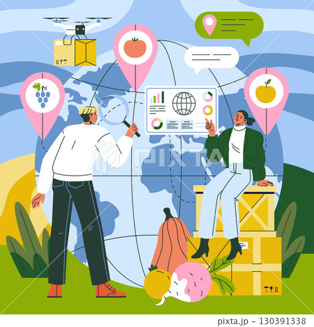 Vector illustration of two individuals analyzing global agricultural data, using a magnifying glass and charts. Highlighted produce and a drone represent modern farming technology. Vector illustration of two individuals analyzing global agricultural data, using a magnifying glass and charts. Highlighted produce and a drone represent modern farming technology. 130391338