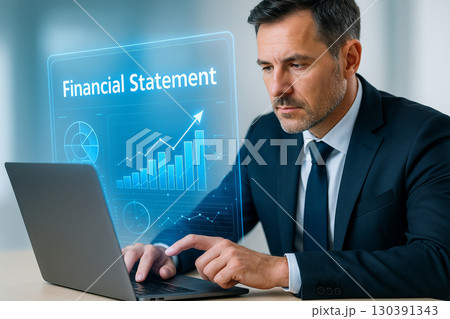 AI generated futuristic finance concept showing businessman in suit interacting with holographic financial statement symbolizing trust technology and investment AI generated futuristic finance concept showing businessman in suit interacting with holographic financial statement symbolizing trust technology and investment 130391343