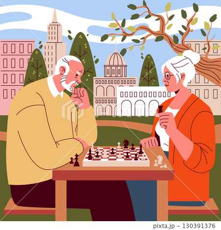 Seniors playing chess at a park table showcase strategy and leisure. The vector illustration captures their focus and enjoyment in a vibrant city park setting with buildings in the background. Seniors playing chess at a park table showcase strategy and leisure. The vector illustration captures their focus and enjoyment in a vibrant city park setting with buildings in the background. 130391376