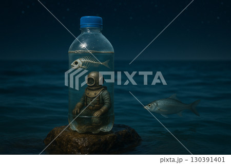 AI generated surreal photo of plastic water bottle filled with fish skeleton and vintage diver symbolizing ocean pollution against dark sea and starry night sky 130391401
