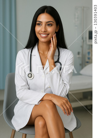 AI generated portrait of a young Middle Eastern female doctor smiling warmly in a bright hospital setting conveying professionalism warmth and trust 130391403