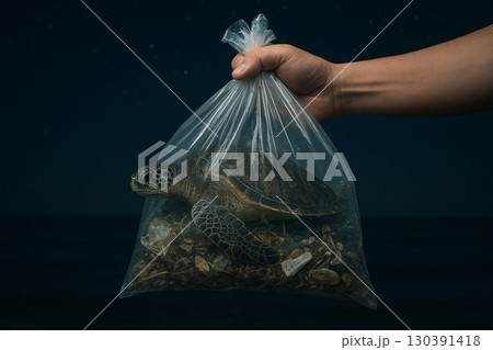 AI generated concept art of a sea turtle trapped in plastic waste inside a clear bag symbolizing ocean pollution destruction and human impact AI generated concept art of a sea turtle trapped in plastic waste inside a clear bag symbolizing ocean pollution destruction and human impact 130391418