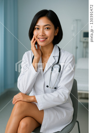AI generated portrait of a young Southeast Asian female doctor with short black hair wearing a white coat and stethoscope smiling warmly in a bright medical room AI generated portrait of a young Southeast Asian female doctor with short black hair wearing a white coat and stethoscope smiling warmly in a bright medical room 130391472