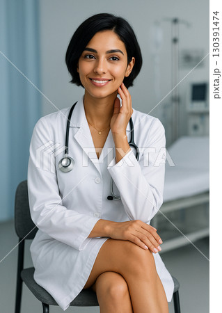 AI generated ultra realistic portrait of a young Middle Eastern female doctor in a clean hospital room with warm smile elegance and professionalism in a bright medical setting AI generated ultra realistic portrait of a young Middle Eastern female doctor in a clean hospital room with warm smile elegance and professionalism in a bright medical setting 130391474