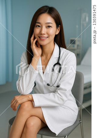AI generated portrait of a young Asian female doctor with warm smile in hospital setting showcasing professionalism elegance and gentle confidence in a clean bright environment 130391475