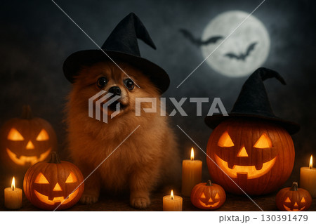 AI generated ultra realistic Halloween scene with a Pomeranian dog wearing a witch hat surrounded by glowing jack o lanterns candles and full moon atmosphere spooky yet playful 130391479