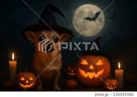 AI generated spooky Halloween scene with Chihuahua in witch hat glowing pumpkins candles and full moon creating fantasy atmosphere of fear mystery and playfulness 130391480