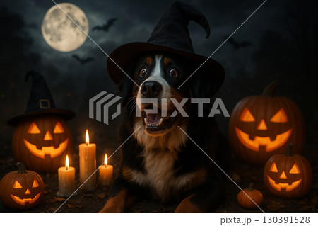 AI generated Bernese Mountain Dog in witch hat surrounded by glowing jack o lanterns candles and full moon creating spooky yet playful Halloween atmosphere 130391528