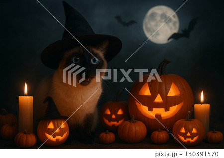 AI generated Halloween scene with Siamese cat wearing witch hat glowing jack o lanterns candles full moon bats misty sky spooky atmosphere fantasy and mystery vibes 130391570