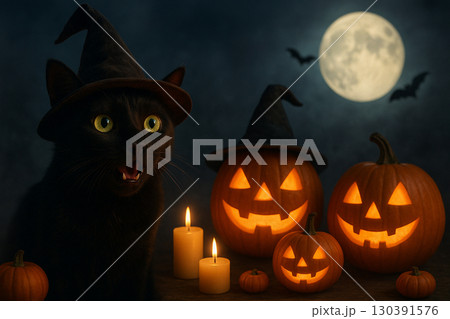 AI generated Halloween scene with a scared black cat in witch hat glowing jack o lanterns candles full moon bats and spooky fantasy atmosphere 130391576