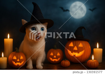 AI generated ultra realistic Halloween scene with Khao Manee cat in witch hat glowing jack o lanterns candles full moon bats and spooky fantasy atmosphere 130391577