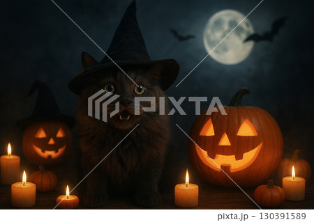 AI generated mysterious Halloween night with Chantilly Tiffany cat witch hat glowing jack o lanterns candles full moon bats spooky fantasy atmosphere creepy but playful mood AI generated mysterious Halloween night with Chantilly Tiffany cat witch hat glowing jack o lanterns candles full moon bats spooky fantasy atmosphere creepy but playful mood 130391589
