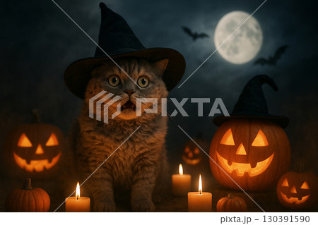 AI generated ultra realistic Halloween scene featuring a Selkirk Rex cat in a witch hat surrounded by glowing jack o lanterns candles full moon bats and spooky fantasy mood AI generated ultra realistic Halloween scene featuring a Selkirk Rex cat in a witch hat surrounded by glowing jack o lanterns candles full moon bats and spooky fantasy mood 130391590