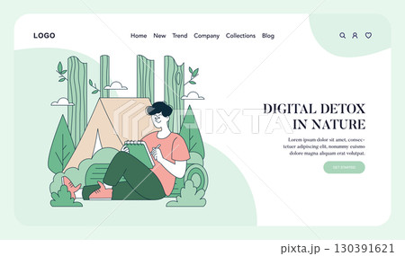 Vector illustration of a person engaged in sketching outdoors, promoting a digital detox in a natural setting. The design includes greenery and a tent, symbolizing relaxation and creativity in nature. 130391621