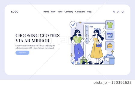 Interactive vector illustration of two women engaged in choosing clothes using an augmented reality mirror. The scene depicts advanced technology enhancing retail experiences. 130391622