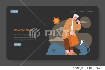 Vector illustration of an elderly man in a coat interacting with a cat. The scene conveys a sense of companionship and warmth, set against a minimalist background with a sun and clouds. Vector illustration of an elderly man in a coat interacting with a cat. The scene conveys a sense of companionship and warmth, set against a minimalist background with a sun and clouds. 130391623