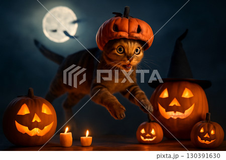 AI generated Halloween scene featuring a Sokoke cat wearing a pumpkin hat glowing jack-o'-lanterns and flickering candles in a spooky night setting. A mystical atmosphere with bats, fog, full moon. 130391630