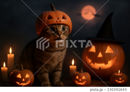 AI generated eerie Halloween scene featuring a cat with a pumpkin hat surrounded by glowing jack-o'-lanterns and candles. A mysterious full moon and bats add to the spooky atmosphere. 130391643