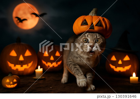 AI generated Halloween themed image featuring a scared cat with a pumpkin hat running past glowing jack-o-lanterns under a red moon. The eerie yet playful scene captures the spooky holiday atmosphere. 130391646