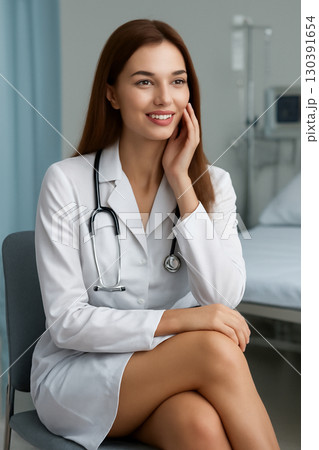 AI generated image of a young female doctor in a modern exam room. She sits gracefully in a white lab coat warm smile, radiating professionalism and approachability in a sterile hospital environment. AI generated image of a young female doctor in a modern exam room. She sits gracefully in a white lab coat warm smile, radiating professionalism and approachability in a sterile hospital environment. 130391654