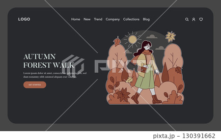 Vector illustration of a woman walking in an autumn forest, surrounded by colorful leaves and trees. The scene is set under a sunny sky, capturing the essence of fall. 130391662
