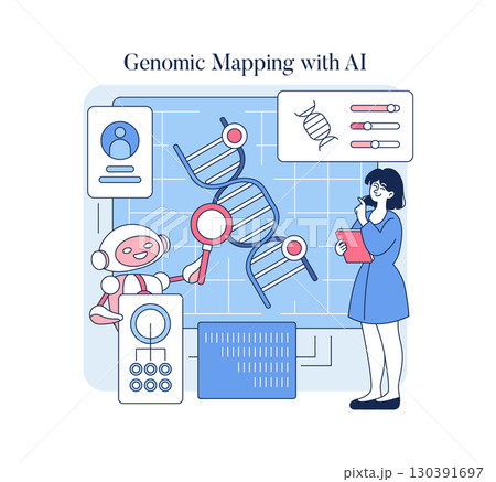 Vector illustration depicting AI in genomic mapping. Features a robot and a person analyzing DNA structures, indicating technological advancement in genetic research. 130391697