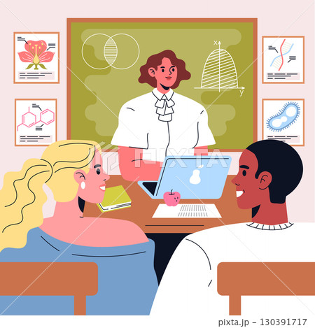 Teacher explaining concepts at a desk with laptop during a classroom lecture. Two students engaged, smiling, and attentive. Educational posters and diagrams on walls. Vector illustration. 130391717