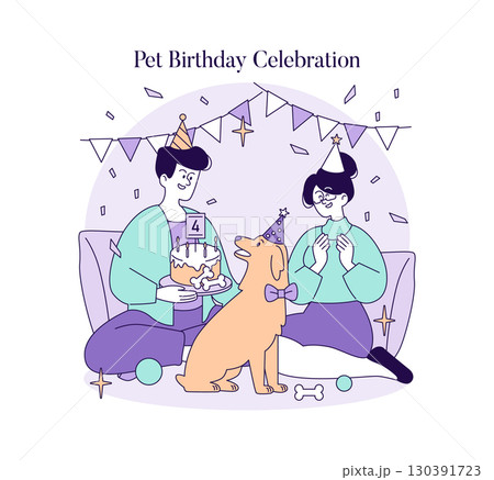 Vector illustration of a pet's birthday celebration. Two joyful people and a happy dog wearing party hats. Cake, balloons, and decorations create a festive atmosphere. Vector illustration of a pet's birthday celebration. Two joyful people and a happy dog wearing party hats. Cake, balloons, and decorations create a festive atmosphere. 130391723