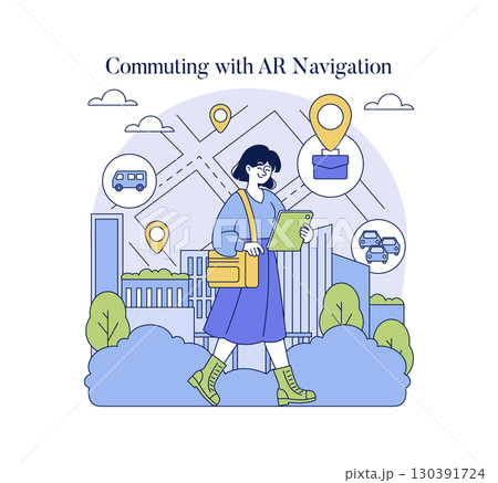 Vector illustration of a woman using an augmented reality map for navigation in an urban environment. She appears engaged and happy, holding a device and walking confidently. 130391724
