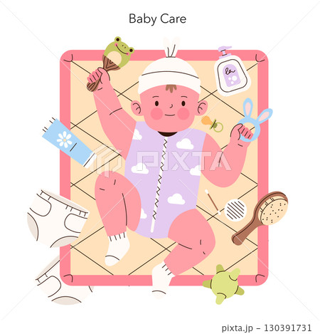 Baby care essentials surround a happy infant on a mat. Items include toys, diapers, and baby lotion, highlighting the joy and essentials of baby care in a playful vector style. Baby care essentials surround a happy infant on a mat. Items include toys, diapers, and baby lotion, highlighting the joy and essentials of baby care in a playful vector style. 130391731