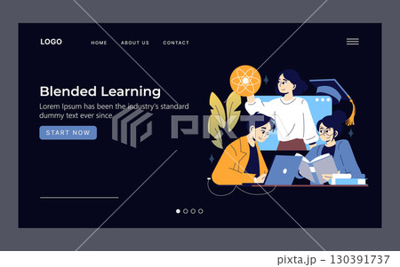 Vector illustration of students interacting online and offline, symbolizing blended learning. Diverse group engaged with laptops and books, showcasing collaborative education dynamics. 130391737