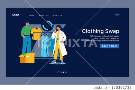 Vector illustration of two people participating in a clothing swap event. They stand with clothing racks and boxes, promoting sustainable fashion and environmental awareness. 130391738