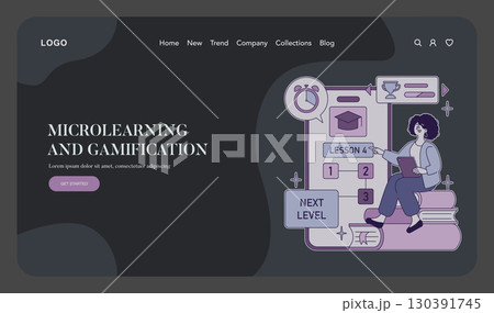 Vector illustration showing a person interacting with a digital learning interface labeled "Lesson 4." The image highlights elements of gamification and microlearning in education. 130391745