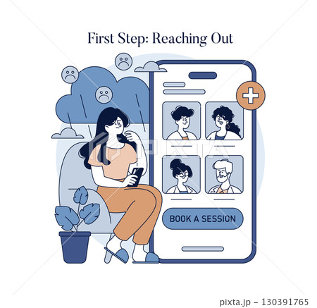 Vector illustration of a woman using a phone to book an online therapy session. The image depicts the concept of reaching out for help, with various therapist options displayed on the device. Vector illustration of a woman using a phone to book an online therapy session. The image depicts the concept of reaching out for help, with various therapist options displayed on the device. 130391765