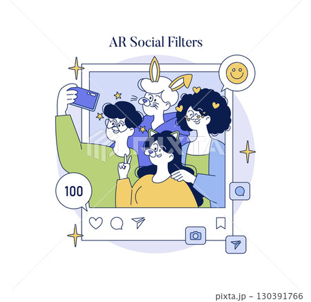 Vector illustration of animated characters taking a selfie with fun AR social filters. Diverse expressions and playful accessories highlight the creative use of digital effects in social sharing. Vector illustration of animated characters taking a selfie with fun AR social filters. Diverse expressions and playful accessories highlight the creative use of digital effects in social sharing. 130391766