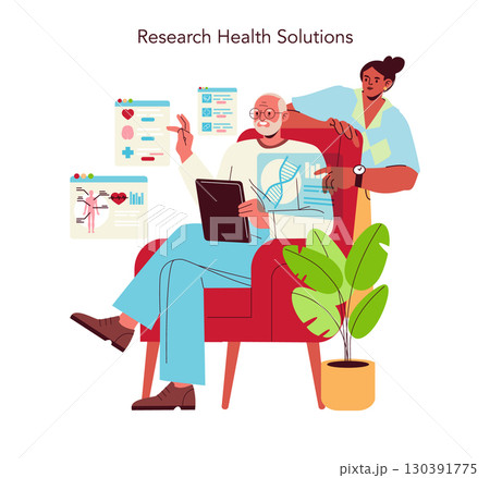 Illustration of two individuals collaborating on health research. One holds a tablet, while health data and charts appear on screens. The scene conveys teamwork in the medical field. Illustration of two individuals collaborating on health research. One holds a tablet, while health data and charts appear on screens. The scene conveys teamwork in the medical field. 130391775