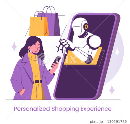 Vector illustration of a woman using her smartphone for a personalized shopping experience with an AI assistant. The robot extends its hand from a digital tablet, symbolizing modern e-commerce. 130391786