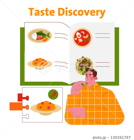 Vector illustration showing a man thoughtfully examining recipes in an open cookbook. Various dishes are displayed on the page with the word "Taste Discovery" above, suggesting culinary exploration. 130391787
