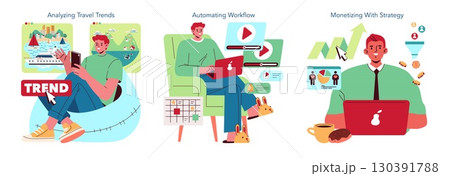 Vector illustration displaying digital trends analysis, workflow automation, and strategic monetization concepts through vibrant graphics of people using technology and graphs. Vector illustration displaying digital trends analysis, workflow automation, and strategic monetization concepts through vibrant graphics of people using technology and graphs. 130391788
