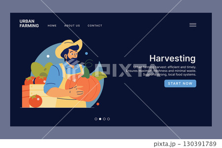 Vector illustration of a male farmer holding a large pumpkin surrounded by crates of vegetables. The scene emphasizes efficient urban farming and local food systems. Vector illustration of a male farmer holding a large pumpkin surrounded by crates of vegetables. The scene emphasizes efficient urban farming and local food systems. 130391789