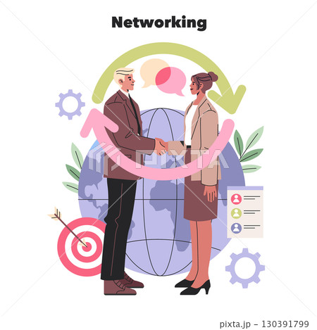 Vector illustration of two business professionals engaging in a handshake, symbolizing global networking and collaboration. Features global elements and communication symbols. Vector illustration of two business professionals engaging in a handshake, symbolizing global networking and collaboration. Features global elements and communication symbols. 130391799